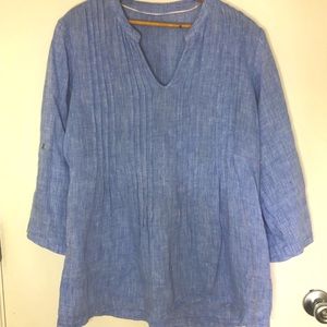 Light Blue 100% Linen Tunic Blouse, Roll tab sleeves, pleated detail